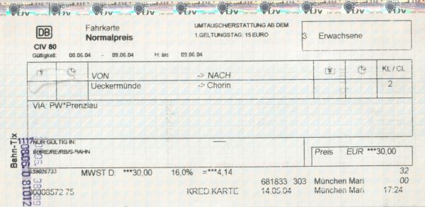 DB-Fahrkarte Ueckermünde-Chorin DB-Fahrkarte Ueckermünde-Chorin